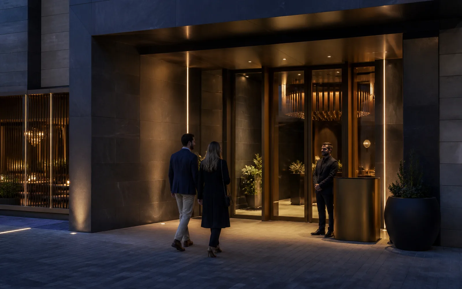 Entrada iluminada de Kelminor al anochecer con un anfitrión recibiendo a dos invitados