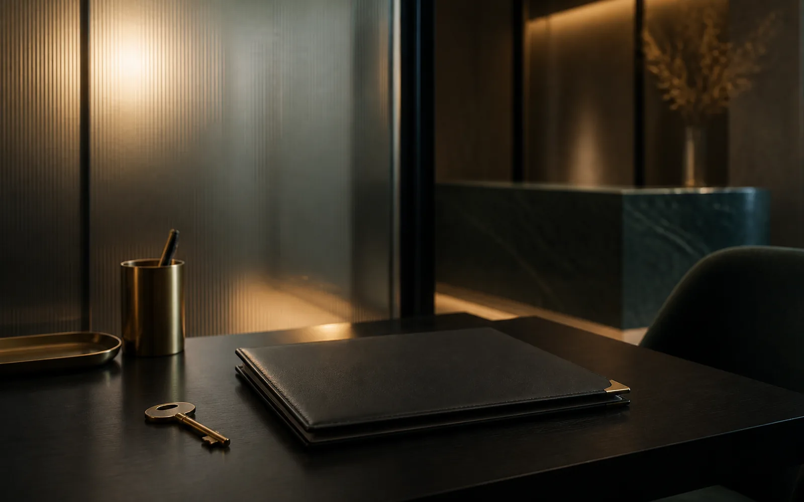 Escritorio oscuro con carpeta cerrada y llave de latón junto a un cristal esmerilado