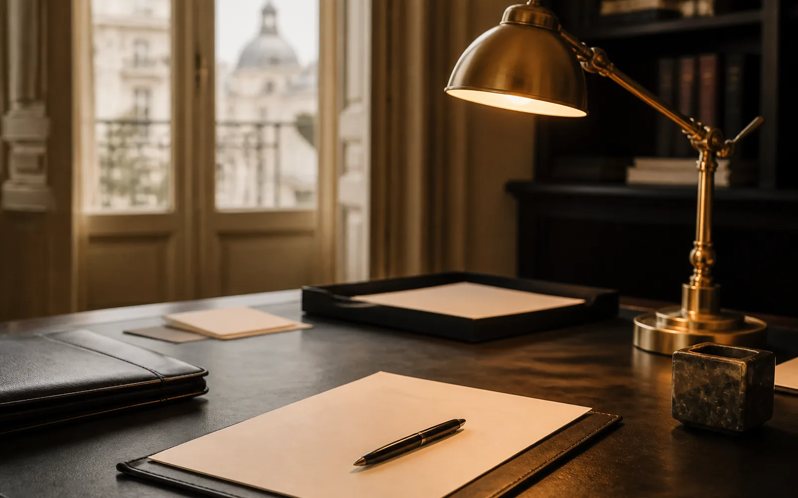 Mesa de trabajo con documentos en blanco, pluma negra y lámpara de latón encendida
